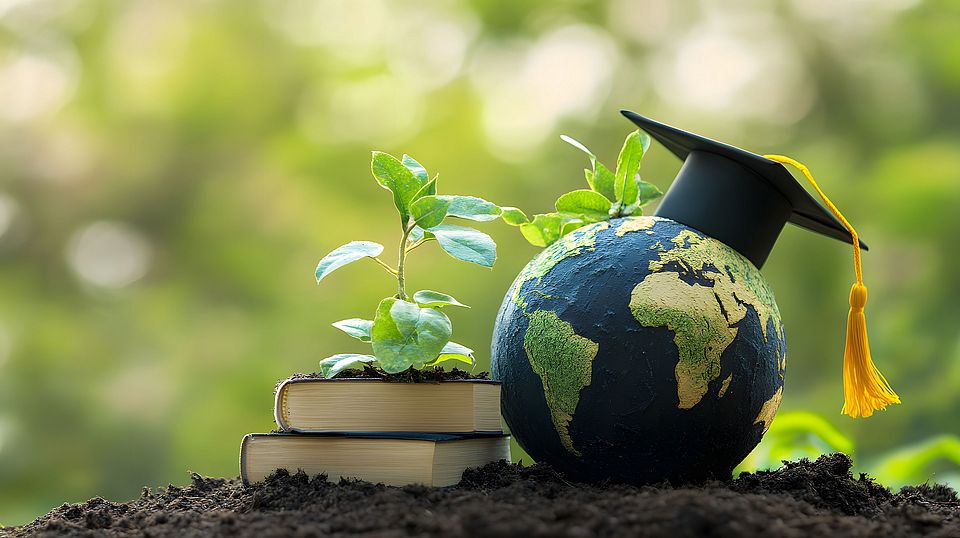 Eco education concept, sustainable learning for a greener planet, earth model with graduation cap, plant growth, environmental education, books, knowledge, and nature Globe, books and plants